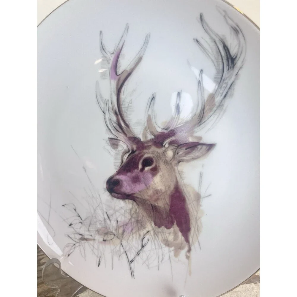Vintage 1976 Woodland Haven ENESCO Buck Deer Gold Rimmed Dessert Plate 8” Retro